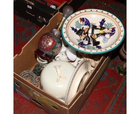 A box of miscellaneous ceramics, Aynsley The Leonardo collection examples, along with a ceramic table lamp etc. 