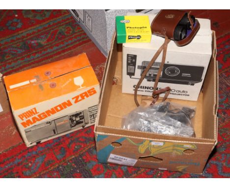 A collection of photographic Prinz Magnon ZRS, along with a Chinon 5000 auto slide projector cased binoculars and photopia un