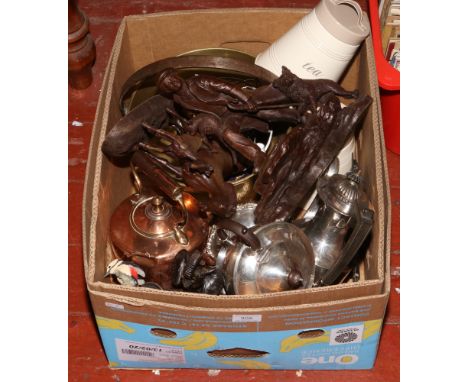 A box of miscellaneous to include silver plated Walker &amp; Hall teapot, coffee pot, brass bowl etc. 