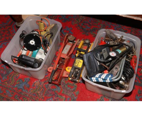 Two boxes of power tools, Wolf circular saw, Black &amp; Decker jigsaw, craftsman router, vintage blowlamps, battery charger 