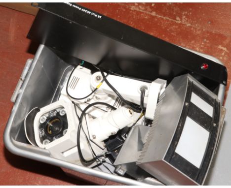 A box of CCTV equipment to include two trans pac cameras, 16 port power supply and a motion sensor. 