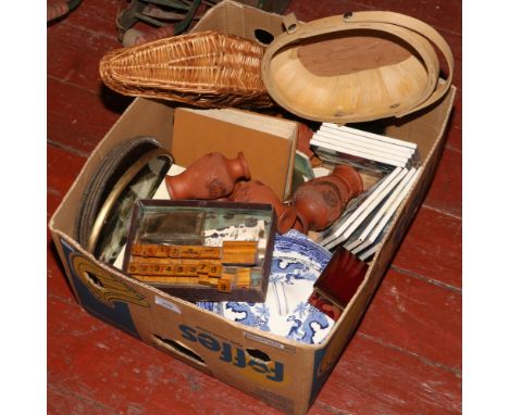 A box of miscellaneous to include printing blocks, wall tiles, Carltonware etc. 