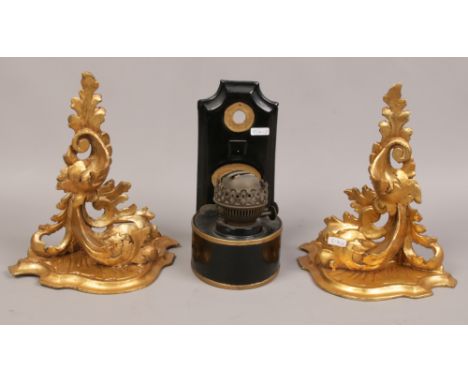 A pair of carved wooden wall sconces to include metal wall paraffin burner (with lamp chimney) 