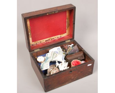 A Victorian rosewood box and assorted collectables including gold plated pocket watch, cowrie shells, portable chess set etc.