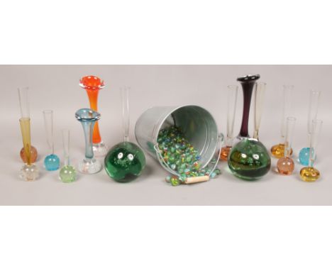 A collection of Murano glass controlled bubbles vases, two end of day glass dumps and a bucket of vintage polychrome marbles.