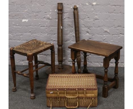 A seagrass stool / oak stool distressed standard lamp and a vintage picnic basket with four volumes of electrical engineering