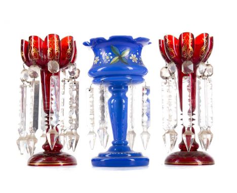 PAIR OF BOHEMIAN RUBY GLASS LUSTRES LATE 19TH CENTURY each with scalloped lobed bowl from which are suspended a series of pri