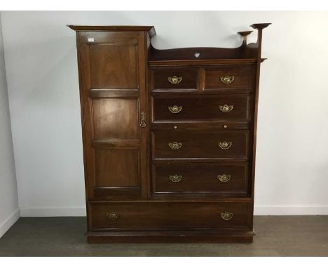 ARTS &amp; CRAFTS MAHOGANY BACHELOR'S WARDROBE LATE 19TH / EARLY 20TH CENTURY the panelled door enclosing six hooks, the pier