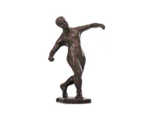 20TH CENTURY BRITISH SCHOOL, BRONZE SCULPTURE OF A NUDE FEMALE modelled contrapposto, on oval base, signed indistinctly25cm h