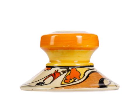 CLARICE CLIFF (BRITISH, 1899-1972) FOR NEWPORT POTTERY, 'ORANGE TREES &amp; HOUSE' DWARF CANDLESTICK CIRCA 1930-39 shape 331,