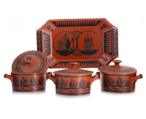SCOTTIE WILSON (SCOTTISH, 1891-1972) FOR ROYAL WORCESTER, THREE CROWN WARE DISHES AND TRAY CIRCA 1960-69 the dishes with cove