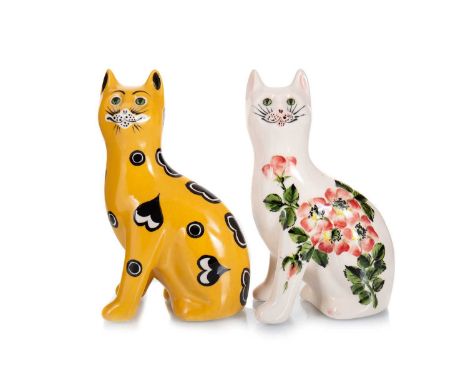 GRISELDA HILL WEMYSS POTTERY TWO CAT FIGURES, THREE DISHES AND A TEA LIGHT STAND one cat with pink floral decoration on a whi