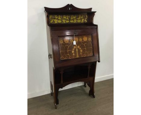 SHAPLAND &amp; PETTER, ARTS &amp; CRAFTS MAHOGANY AND MARQUETRY BUREAU CIRCA 1900 with shaped pediment over galleried back wi