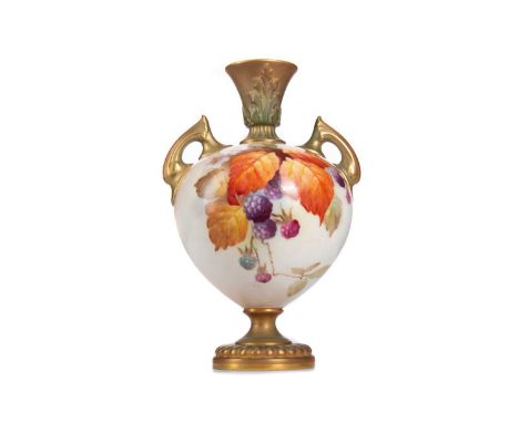 M. BLAKE FOR ROYAL WORCESTER, TWIN-HANDLED VASE PRODUCED 1910 painted with autumn leaves, fruits and flowers, signed16cm high