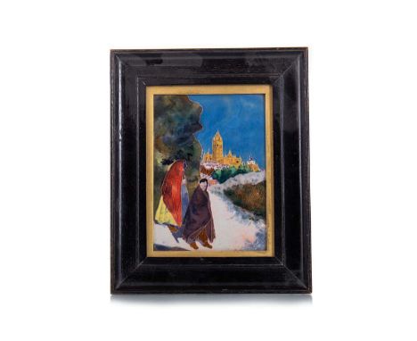 ART POTTERY TILE MID-LATE 20TH CENTURY tubeline decorated with two figures to foreground and basilica to background, indistin
