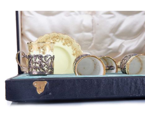 AYNSLEY, COFFEE SERVICE CIRCA 1906 comprising six demi tasse cups, each in silver holder with Sheffield marks for 1906, and s