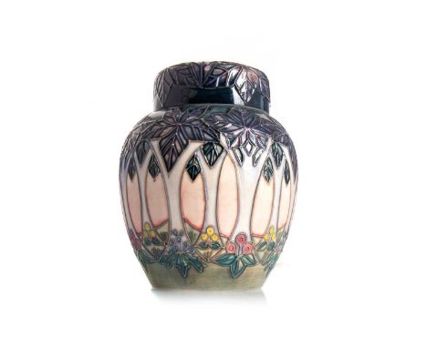 SALLY TUFFIN FOR MOORCROFT, 'CLUNY' PATTERN GINGER JAR AND COVER CONTEMPORARY tube lined with trees to graduated peach ground