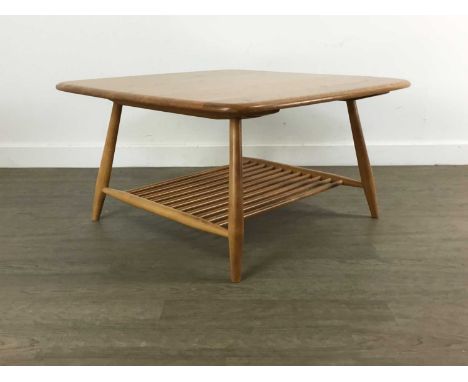 ERCOL, WINDSOR MODEL 767 ELM COFFEE TABLE CIRCA 1977-95 with square top over splayed beach supports joined by a spindle under