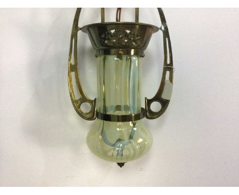 ARTS &amp; CRAFTS BRASS AND OPALESCENT GLASS PENDANT CEILING LIGHT CIRCA 1900-10 the brass frame with ball socket ceiling mou