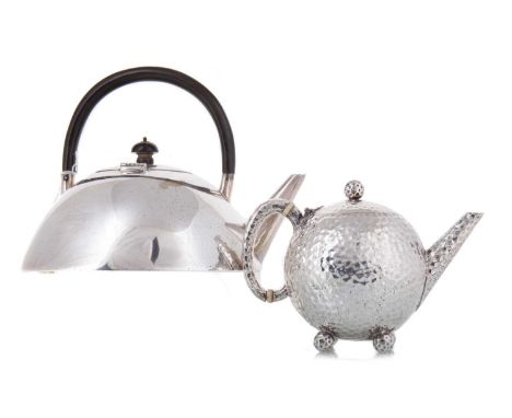 SILVER PLATED TEAPOT IN THE MANNER OF DR. CHRISTOPHER DRESSER LATE 19TH CENTURY with ebonised handle, marked A & S, together 