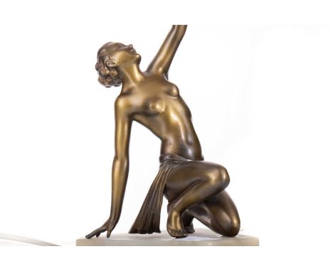 ART DECO BRONZED SPELTER FIGURAL TABLE LAMP EARLY 20TH CENTURY the semi-clad female modelled raising the (period replacement)