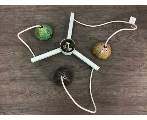 MARGERY CLINTON (SCOTTISH, 1931-2005), STUDIO POTTERY CEILING LIGHT FITTING with three polychrome foliate shades, stamped mar