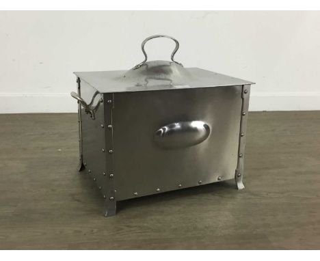 ARTS &amp; CRAFTS POLISHED PEWTER COAL BIN LATE 19TH / EARLY 20TH CENTURY riveted finish, twin handled and retaining liner, a