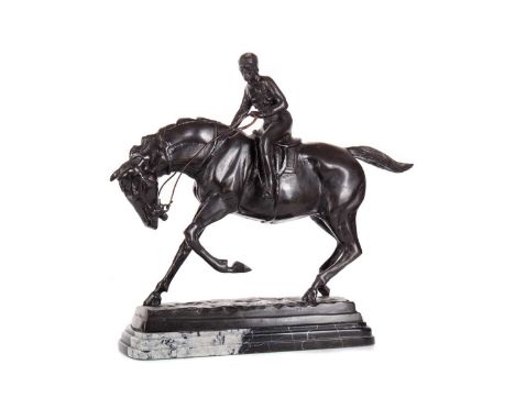 AFTER PIERRE-JULES MENE, BRONZE EQUESTRIAN FIGURE GROUP EARLY 20TH CENTURY modelled as horse and jockey, the naturalistic bas