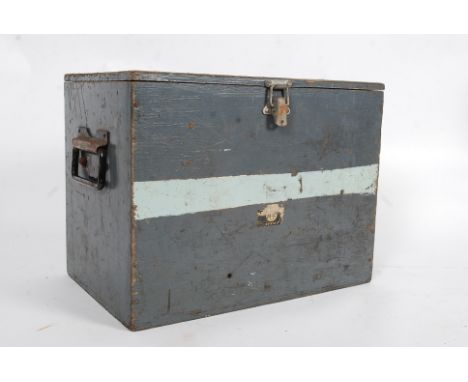 A vintage wooden ammo box with vintage tools to include wood working and metal working