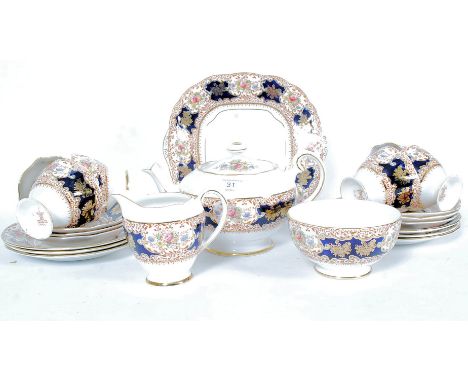 A bone china 6 setting tea service by Salisbury to include tea pot, cups, saucers, side plates, creamer and sugar bowl.