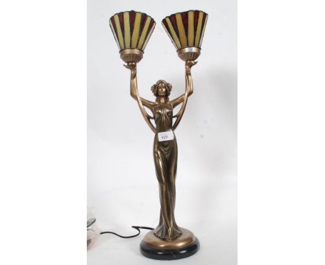 A large Tiffany Art Deco style coloured glass lamp