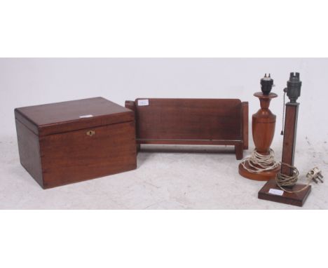 A 19th century wooden box together with a mahogany book trough, an Art Deco table lamp and another