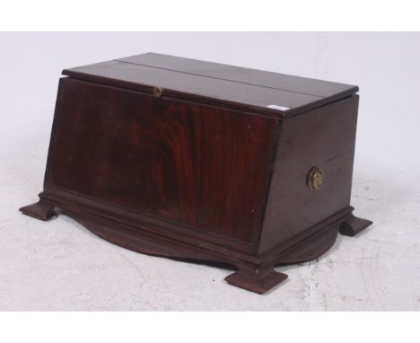 An Edwardian flame mahogany hinged top box chest having ring handles, pad feet with angled front. Measures: 31cms x 63cms x 4