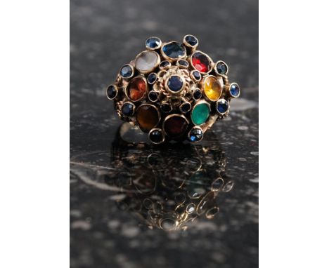 A 14ct yellow gold multi gem set ring with opal diamond, citrine and pearls. Weight 5,8g.