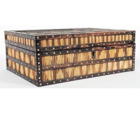 A 19th century hardwood and porcupine needle decorated inlaid jewellery / ring box, with multiple lidded compartments to inte