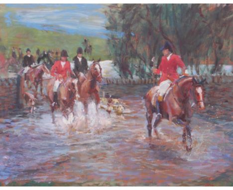 MICHAEL COOTE (b1931); large oil / acrylic on canvas painting of a hunting scene, signed to lower corner 52cm x 63cm. gilt fr