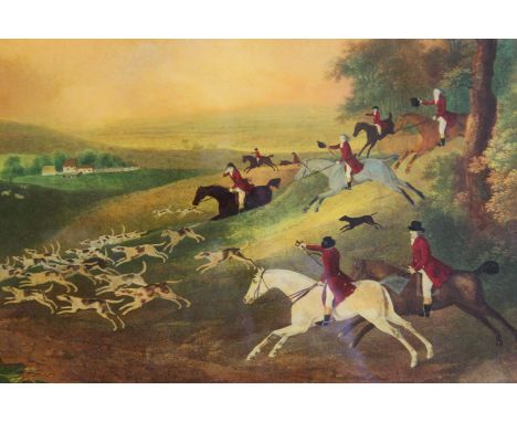A Victorian century century print / oil painting in reverse on glass of a hunting scene with hunt in progress depicting hound
