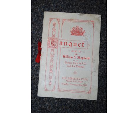 FOOTBALL; Bristol City AFC Monday Nov. 6th 1933 Banquet MEnu given by William S. Shepherd at the Berkeley Cafe, Queens Road. 