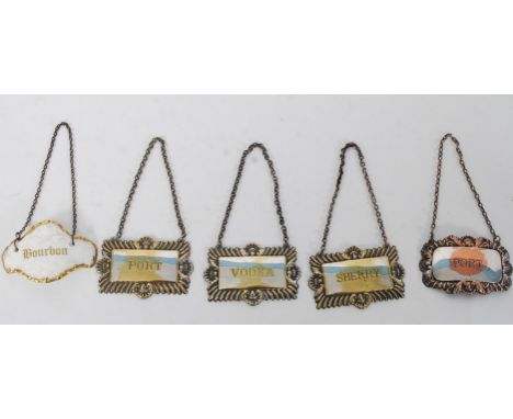 A collection of five  silver plated decanter labels to include Port, Whisky, Vodka and Sherry