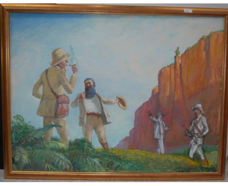 COOTE, MICHAEL; The Lost World ( Arthur Conan Doyle ) large oil on canvas painting of Professor Challenger and party approach