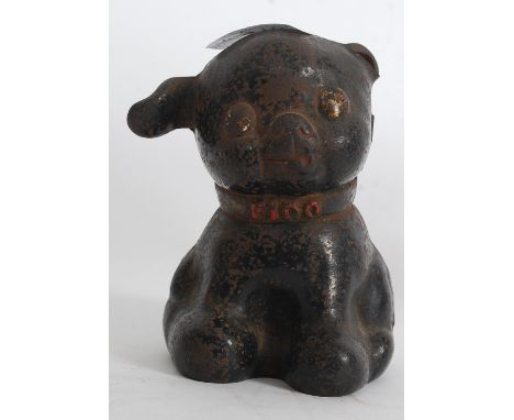 An original early 20th century Fido cast iron moneybox /money box by Hubley of Lancaster, Pennsylvania, USA. Stamped to rear 