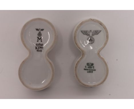 2 German Nazi party world war 2 ceramic salts / twin pots. The white glazed china stamped to the underside for KPM & C.T. Tie