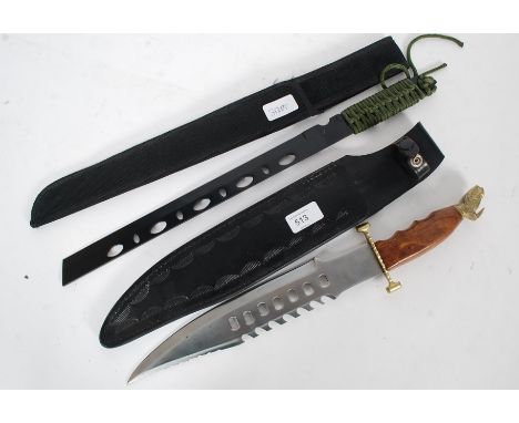 2 20th century hunting knives complete with sheaf to each, one with wooden handle, the other canvas strapped