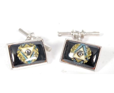 A pair of 20th century gentlemans silver and enamel Masonic cufflinks being stamped 925 with bar and chains