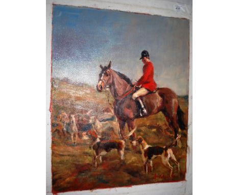 COOTE, MICHAEL; unframed oil on canvas painting of a hunting scene depicting rider atop horse surrounded by dogs. 50cm x 40cm
