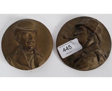 SHERLOCK HOLMES. Ex Michael Coote collection. A pair of ceramic paperweights moulded in relief of Sherlock & Dr Watson. Both 