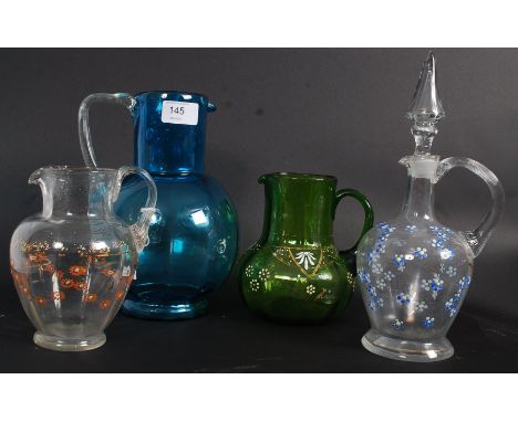 A collection of 4 pieces of 19th century glass to include hand painted decanter, green glass handpainted jug, blue glass pitc