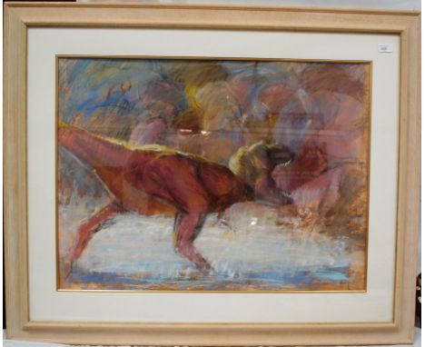 COOTE,. Michael; The Lost World (Arthur Conan Doyle ) inspired pastel study of a T-Rex dinosaur. Large. Framed and glazed.

T