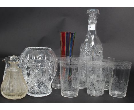 A collection of 20th century glass to include decanter, etched glasses, water jugs, coloured glass vases
