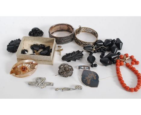 A collection of jewellery to include untested silver white metal bracelet of Burmese origin? Together with a Siam silver broo